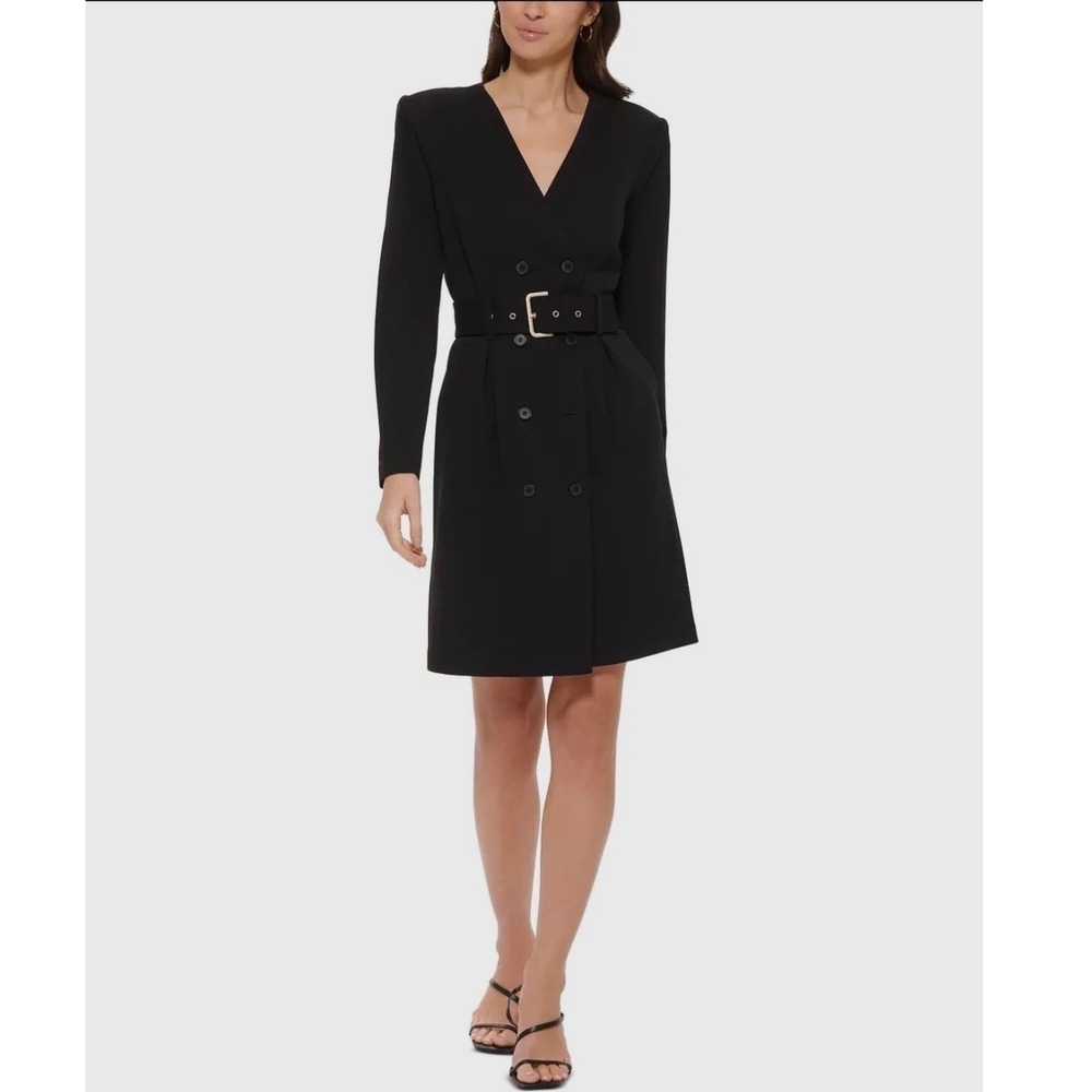 Calvin Klein Blazer Dress Women 14 Black Belted Double Breasted Long Sleeve Mini